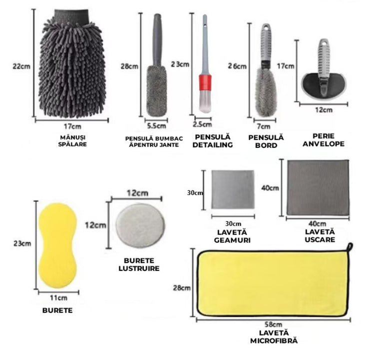 Kit spalare auto-moto cu 12 piese, perii, manusa, burete si lavete, galben-gri