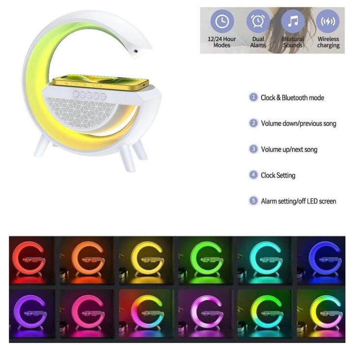 Statie incarcare wireless multifunctionala cu Lampa LED RGB, Boxa Bluetooth, Ceas