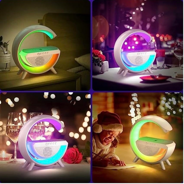 Многофункционална безжична зареждаща станция с RGB LED лампа, Bluetooth високоговорител, часовник