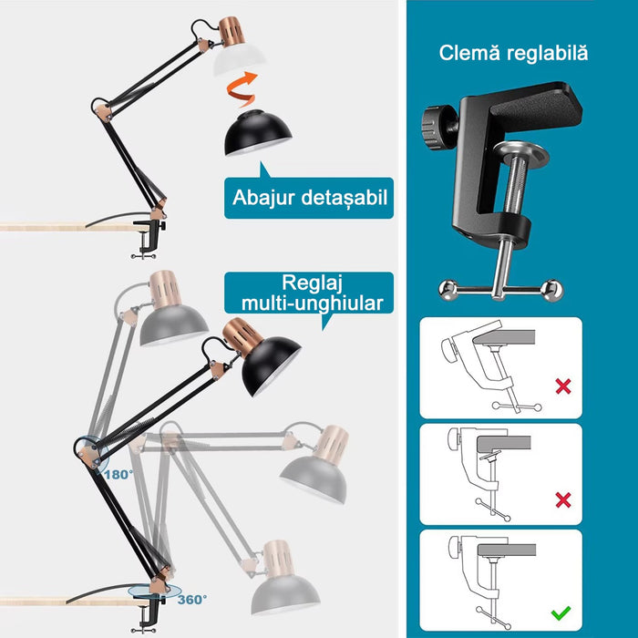 Офис LED лампа, с скоба/основа, регулируема, височина 74см, E27, с включен 8W, черна крушка