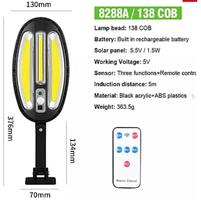 Lampa Solara HB-8288A OVALA 138 LED COB cu telecomanda, montaj pe perete, exterior