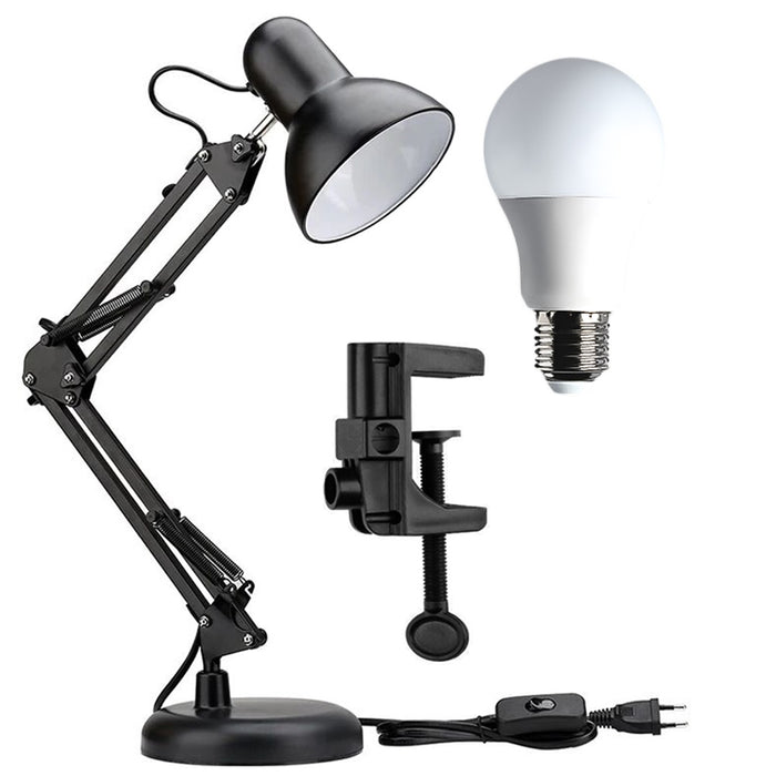 Lampa de birou + Bec, Putere 40W, Soclu E27, Brat reglabil, Negru