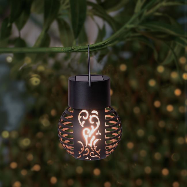 Lampa solara decorativa tip glob, stil felinar rustic, IP65, cu lumina galben-portocalie tip flacara