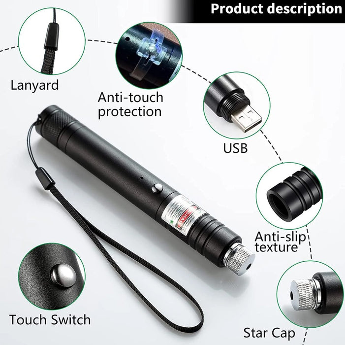 Lanterna cu laser, pointer verde puternic, cu acumulator Li-ion 8800mAh si incarcator, bate pana la 16 km, negru