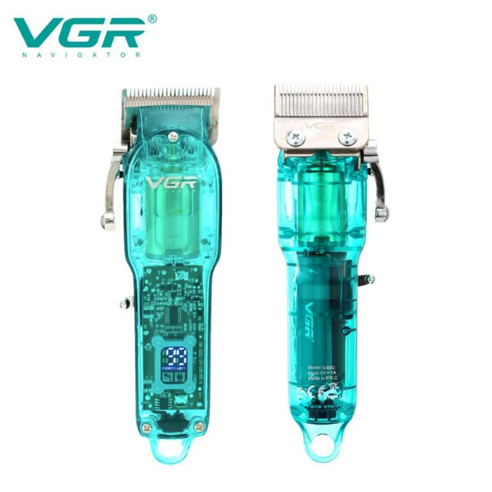 Masina tuns profesionala VGR V-660, fara fir, 8W, cu ecran LCD, lame din otel si afisaj LED, verde-transparent