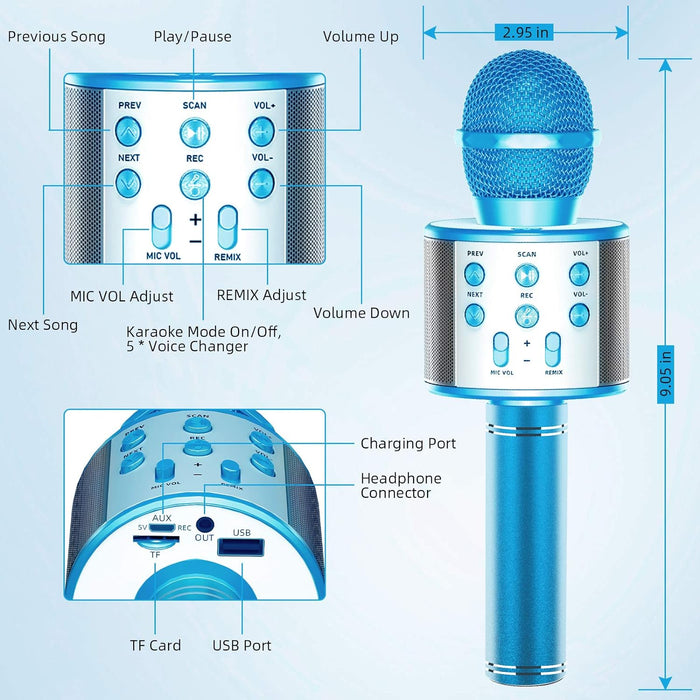 Μικρόφωνο καραόκε με χτισμένο -in, ασύρματο, Bluetooth, κάρτα SD, USB, Aux, Blue