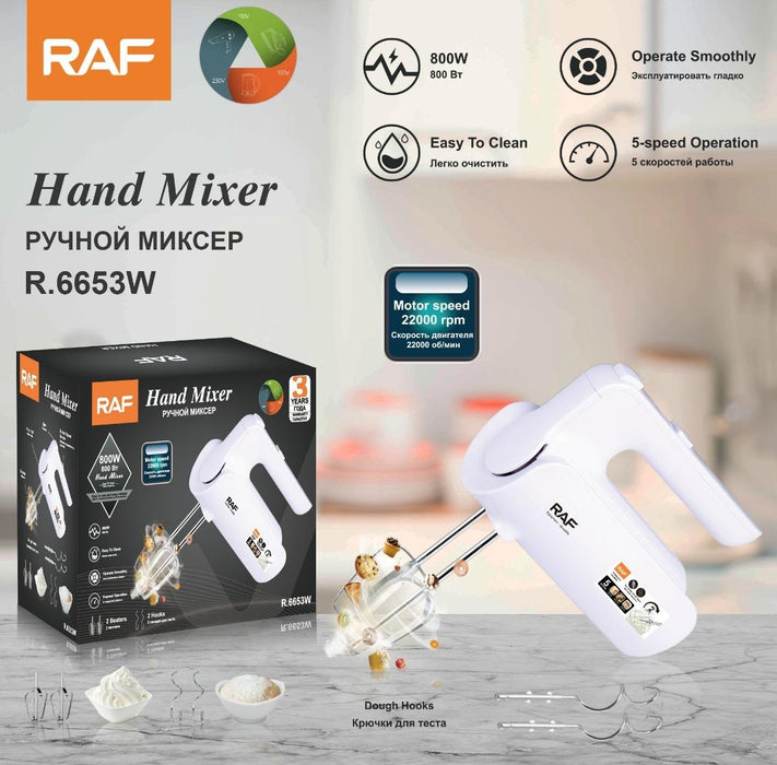 Mixer electric, de mana, 800W, 5 viteze si 2 accesorii pentru batut si framantat, rosu/alb