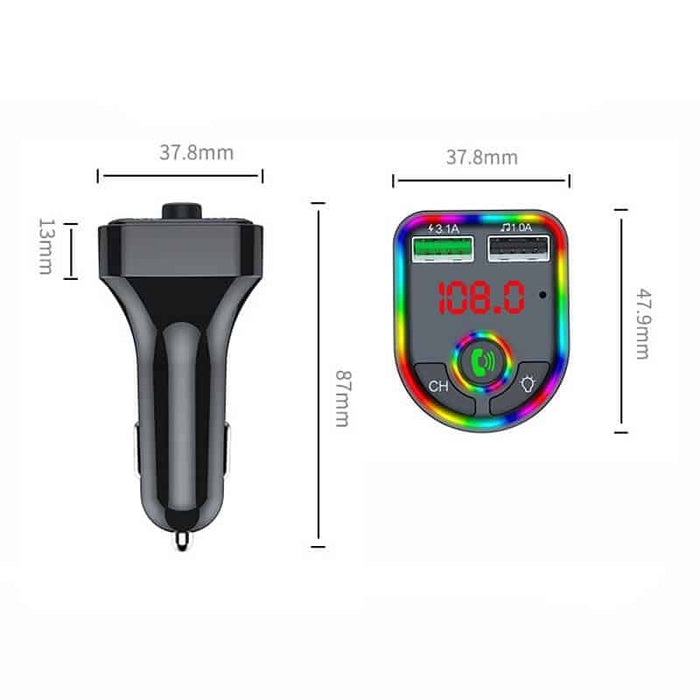 FM Modulator, με Bluetooth 5.0, γρήγορη φόρτιση, 3 θύρες φόρτωσης, RGB, μαύρο