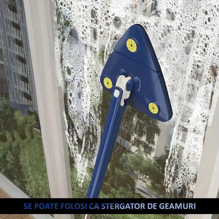 Mop triunghiular, cu stoarcere si rezerva extra, pentru podele, geamuri sau alte suprafete, maner telescopic, albastru