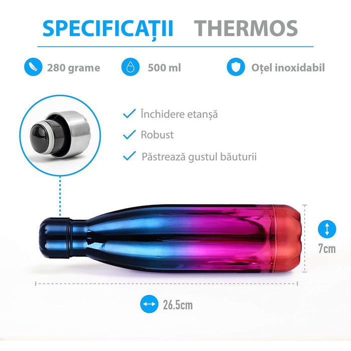 Minőségi rozsdamentes acél termosz, 500 ml, legfeljebb 8 órás/24 órás hideg