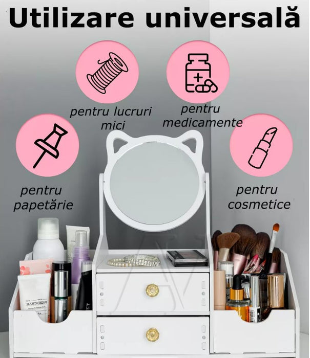 Organizator cosmetice si bijuterii cu oglinda, 2 sertare si 4 compartimente, plastic, alb