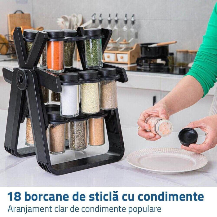 Organizator de condimente rotativ, cu 18 borcanase, ABS+PP+ sticla, negru