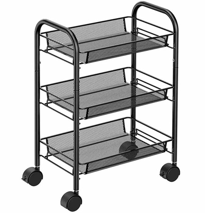 Organizator metalic multifunctional, cu 3 rafturi, cu roti, 64x44x26cm, negru