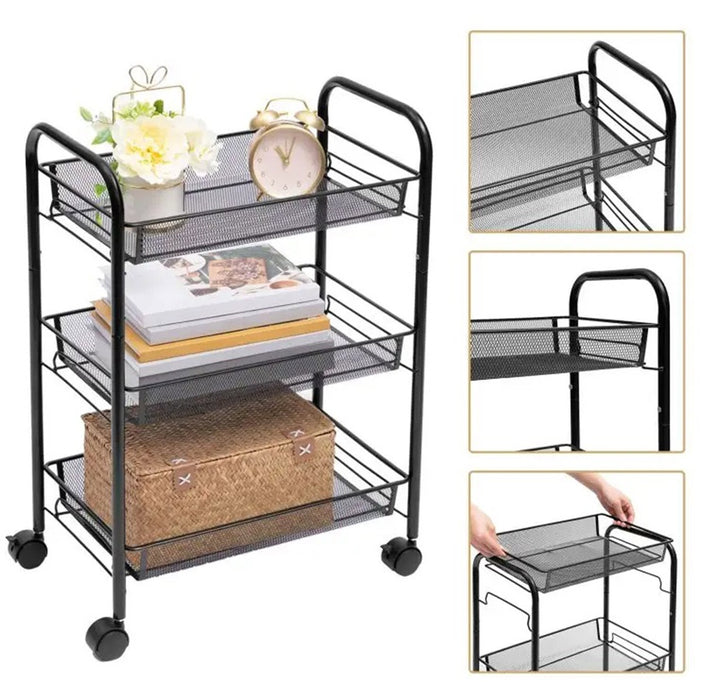 Organizator metalic multifunctional, cu 3 rafturi, cu roti, 64x44x26cm, negru