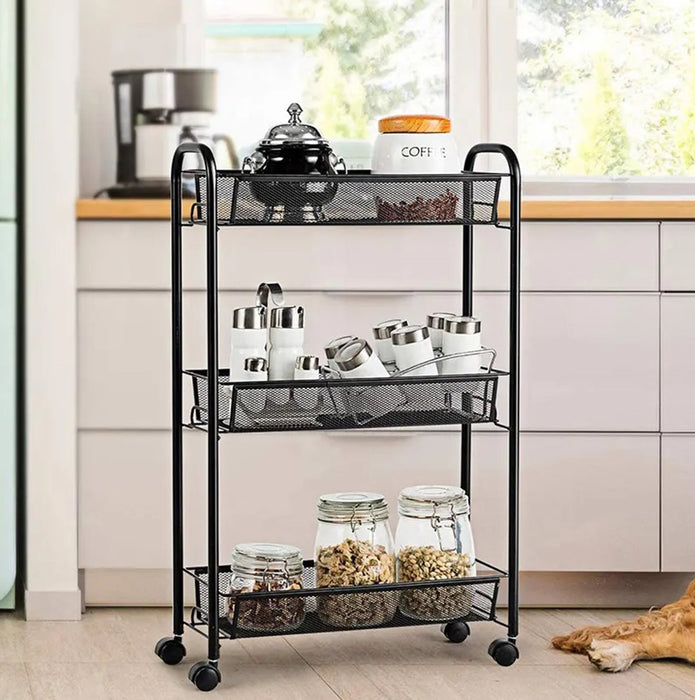 Organizator metalic multifunctional, cu 3 rafturi, cu roti, 64x44x26cm, negru