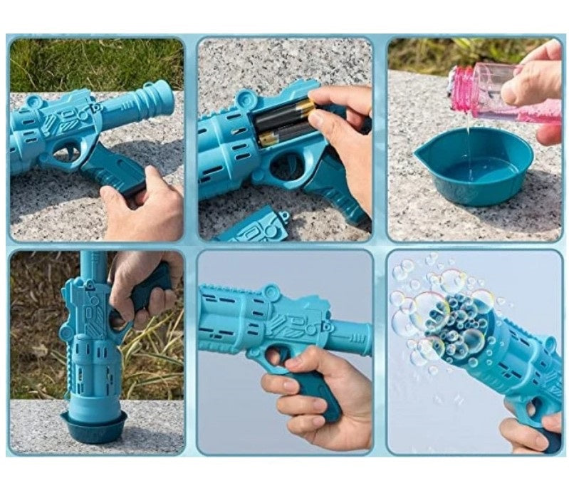 Pistol de jucarie de facut baloane din sapun, 28.5x15x7.3cm, cu 60ml de lichid, albastru