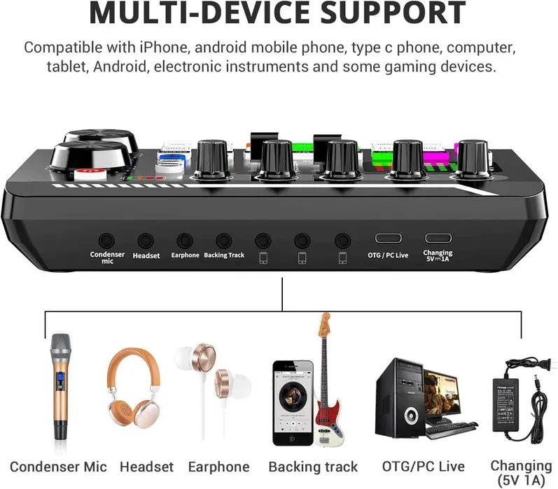 Bluetooth звукова плоча, с аудио миксер, гласов обменник, 18 звукови ефекти на живо и микрофони, черно