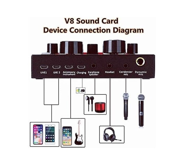 Многофункционална V8 звукова плоча с Bluetooth, 12 звукови ефекта, микрофон, черни, черни режими