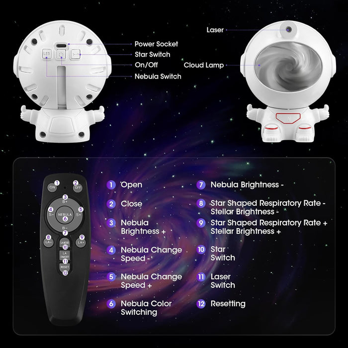 LED projektor és űrhajós lézer, a csillagos mennyezet és a galaxisok vetítésével, 12 színhatással, távirányítóval, fehér
