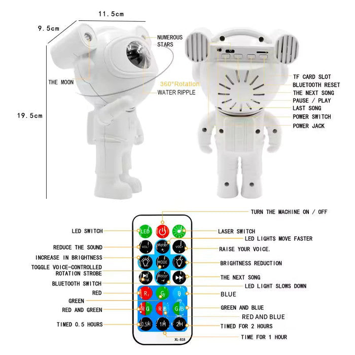 Proiector bluetooth LED RGB in forma de astronaut cu sunete si lumini, telecomanda, stickere autoadezive, alb