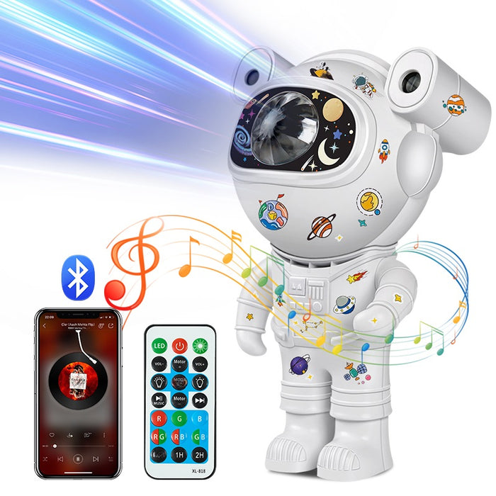 Proiector bluetooth LED RGB in forma de astronaut cu sunete si lumini, telecomanda, stickere autoadezive, alb