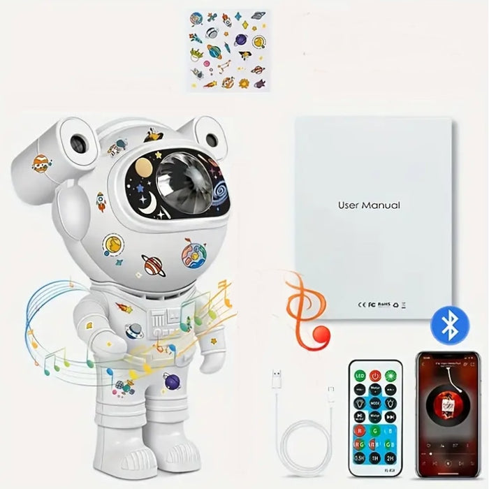 Proiector bluetooth LED RGB in forma de astronaut cu sunete si lumini, telecomanda, stickere autoadezive, alb