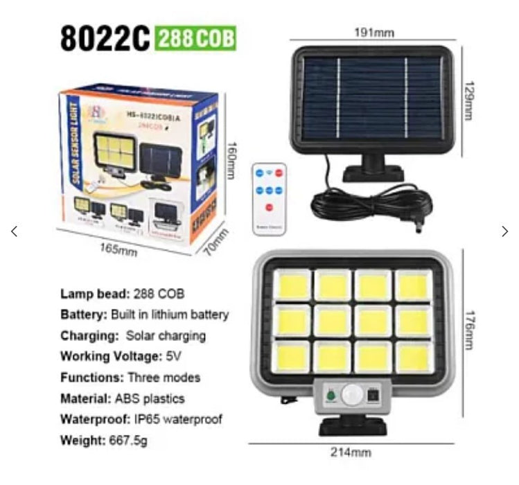 Proiector solar 288LED, 50W, senzor de miscare, HS-8022 telecomanda, 3 moduri de iluminare