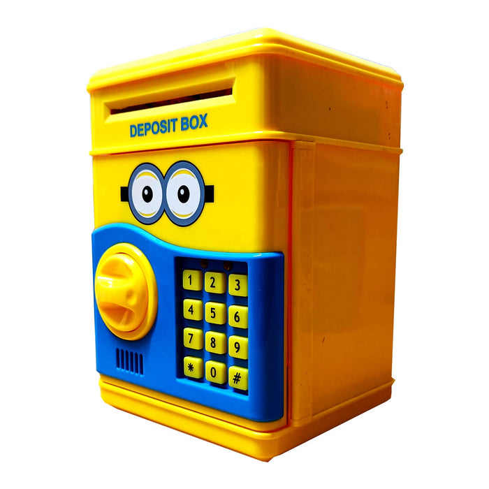 Pusculita interactiva pentru copii, cu functie ATM, cod pin si seif, minion, galben-albastru