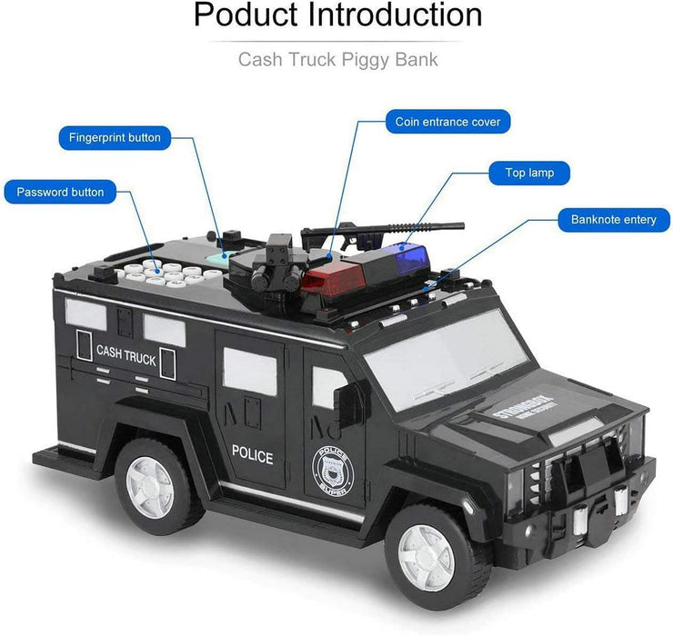 Pusculita Type Armored Car για παιδιά άνω των 3 ετών, με αποτύπωμα, κωδικό PIN, ήχους και φώτα, μαύρο