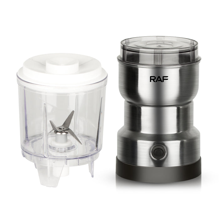 Rasnita electrica si blender 2 in 1 RAF 7126, 300W, capacitate 200 si 350ml, din plastic si inox, argintiu