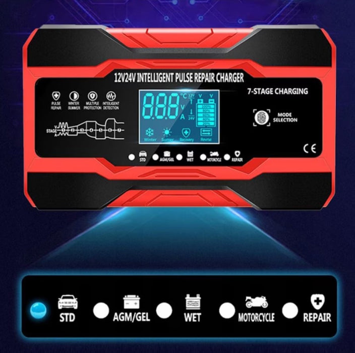 Батерии за автомобилни токоизправители DP1210, 12V 10A - 24V 5A, 180W, 7 -STAGES зареждане, 4 функции, черно с червено