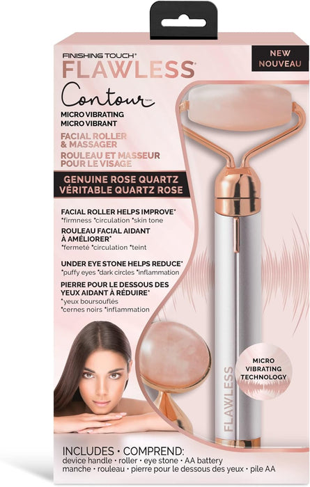 Rola pentru masaj facial Flawless Contour cu vibratii, are 2 capete cu piatra cuart roz