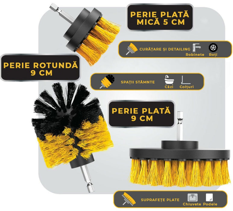 Set 3 perii rotative din plastic, pentru curatat suprafete, cu adaptor, diferite marimi, pentru surubelnita electrica, negru-galben