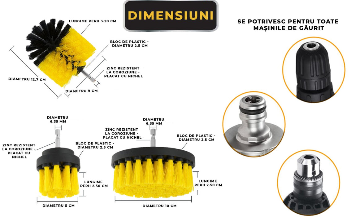 Set 3 perii rotative din plastic, pentru curatat suprafete, cu adaptor, diferite marimi, pentru surubelnita electrica, negru-galben