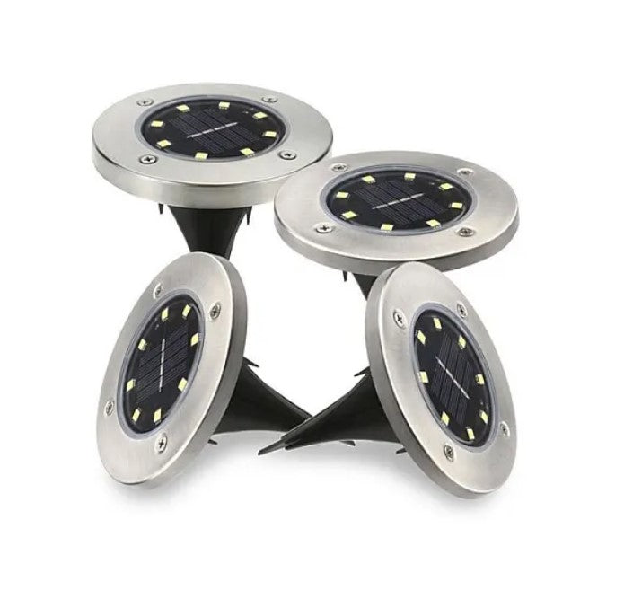 Set 4 Lampi Solare METALICE Argintii Disk Lights pentru gradina, alee, scari, terasa, balcon