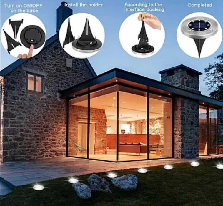 Комплект от 4 метални слънчеви лампи Дискови светлини за подове или земя, градина, тераса, балкон, стълби