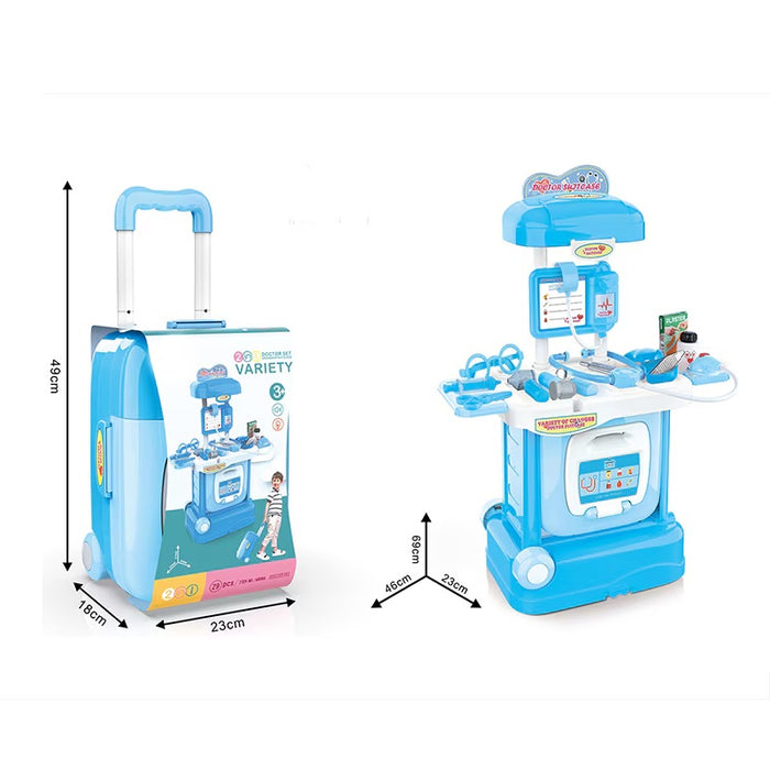 Set Doctor 2 in 1 pentru copii 3 ani+, in troller cu 29 de piese, sunete si lumini, 69x46x23cm, albastru