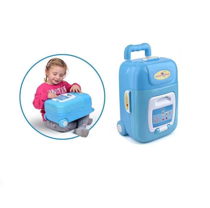 Set Doctor 2 in 1 pentru copii 3 ani+, in troller cu 29 de piese, sunete si lumini, 69x46x23cm, albastru