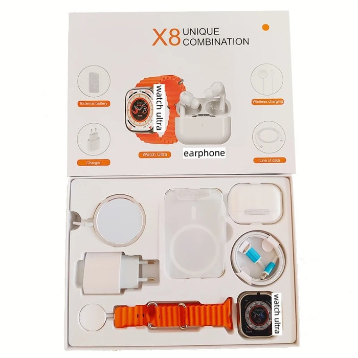 Ολοκληρωμένη σετ με smartwatch x8 των ακουστικών 2 ", φορτιστή, καλώδια, εξωτερική μπαταρία, 8 σε 1, μαύρο/πορτοκαλί/λευκό γκρι