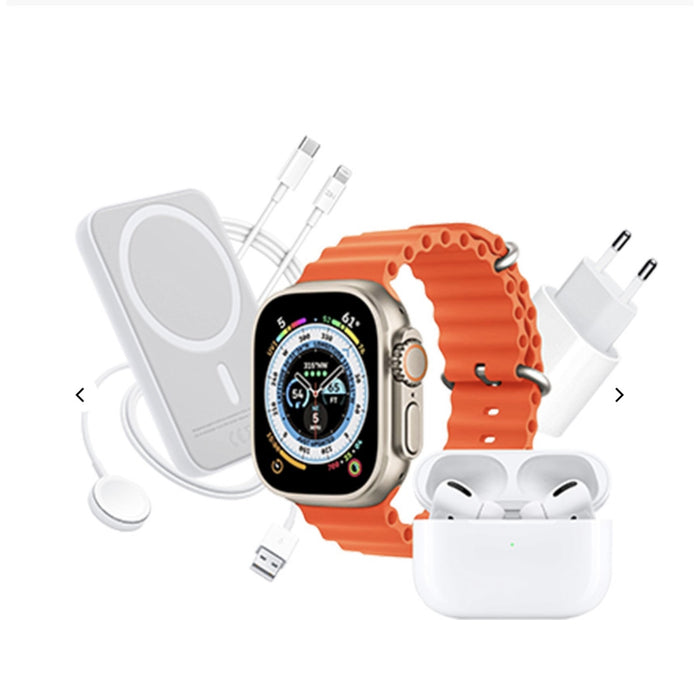 Ολοκληρωμένη σετ με smartwatch x8 των ακουστικών 2 ", φορτιστή, καλώδια, εξωτερική μπαταρία, 8 σε 1, μαύρο/πορτοκαλί/λευκό γκρι