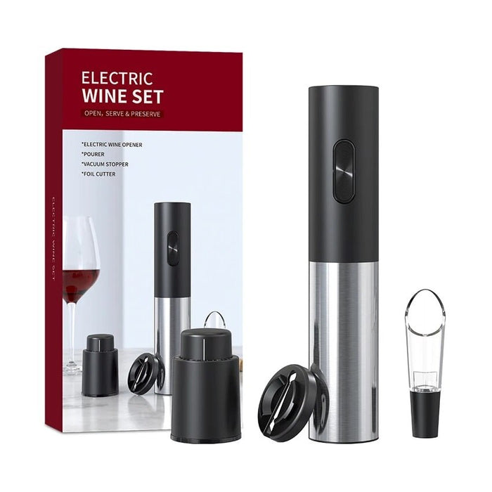 Set cu tirbuson electric, cutter, aerator si doppentru sticlele de vin, design elegant, negru-argintiu