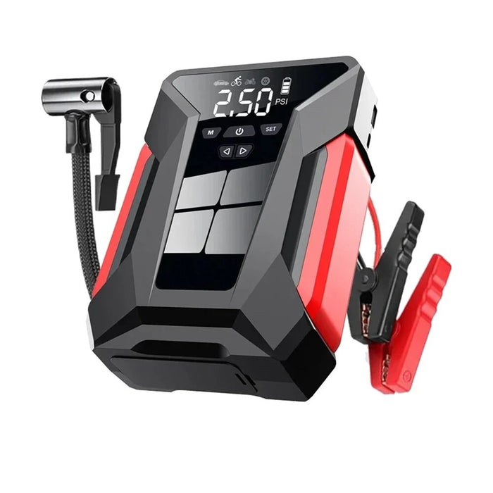 Set de redresor auto, compresor aer, power bank si lanterna LED, negru-rosu