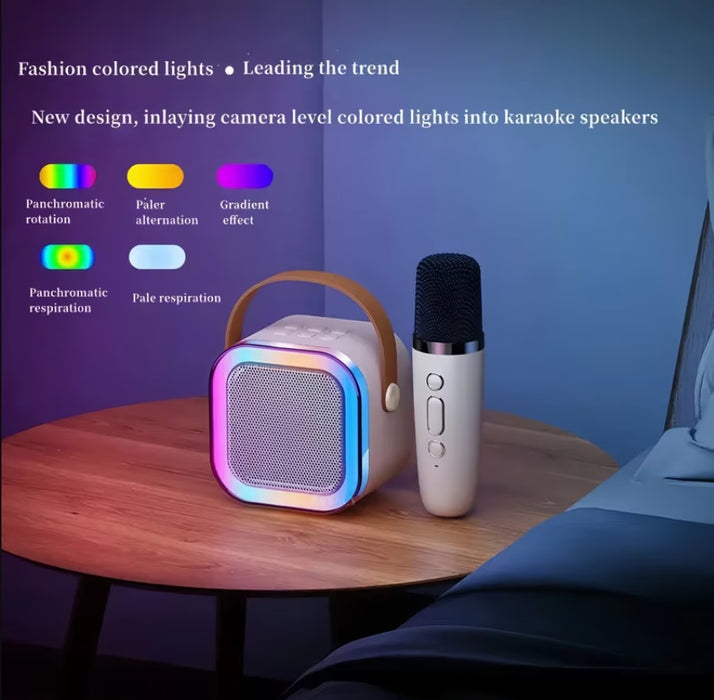 Караоке комплект с 5W високоговорител и 2 микрофона, безжична, Bluetooth, RGB светлина, поддържа множество режими на вход, бежово