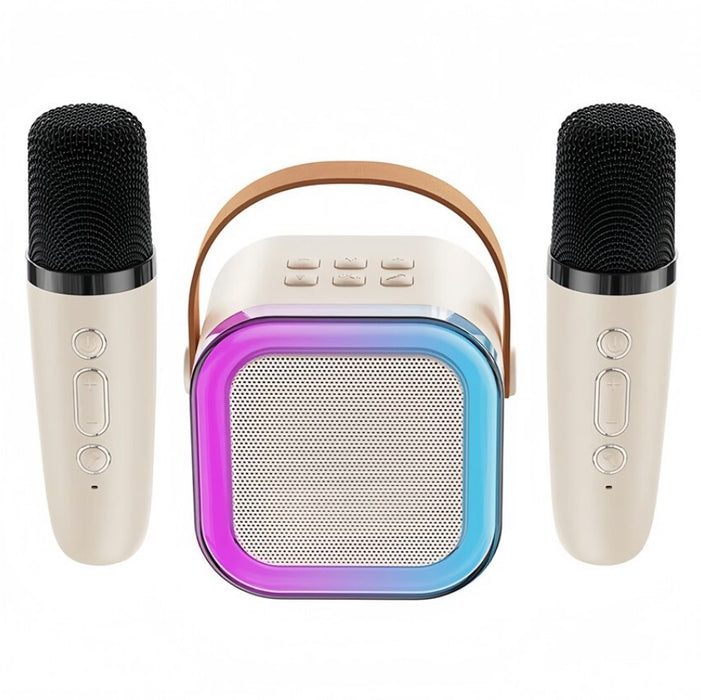 Karaoke szett 5W hangszóróval és 2 mikrofonnal, vezeték nélküli, Bluetooth, RGB Light, több bemeneti módot támogat, bézs