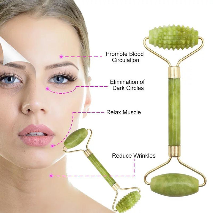 Set rola masaj facial cu doua capete si piatra masaj verde din piatra jad naturala