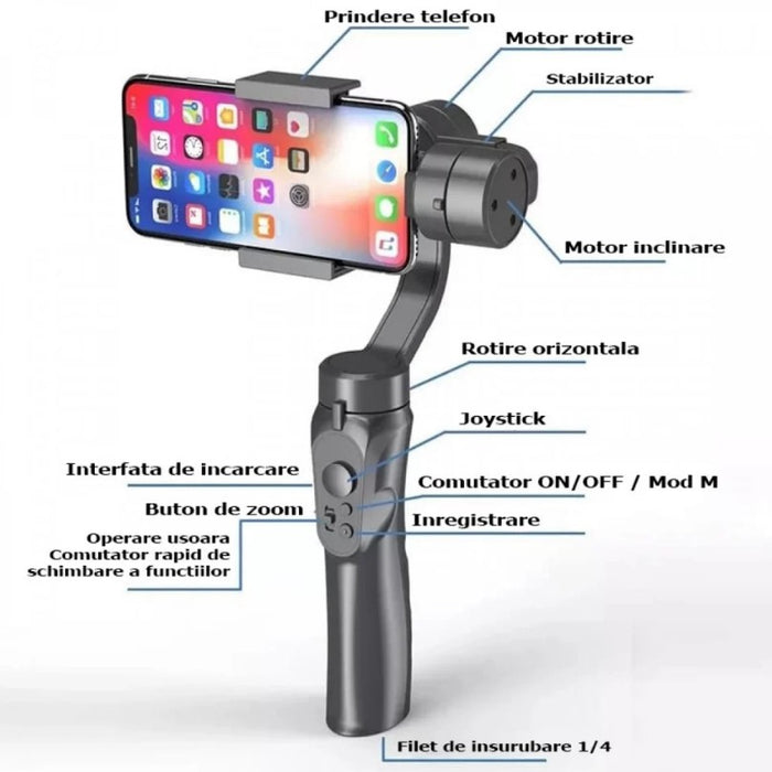 Stabilizator imagine pentru telefon, 60-86mm, Gimbal cu 3 axe, negru