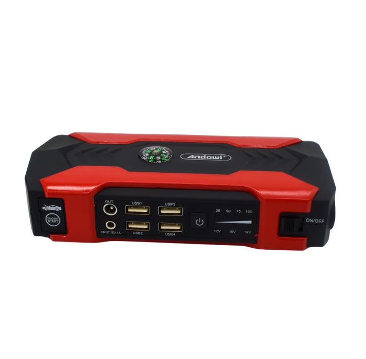 Starter auto multifunctional D1030, 15000mAh, 12V-19V output, 4 iesiri USB, afisaj eletronic, negru cu rosu