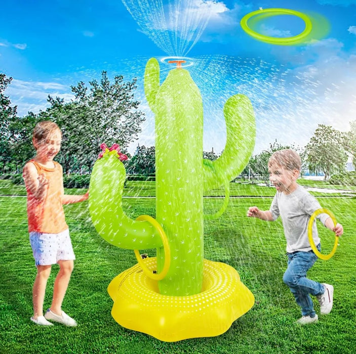 Stopitoare gonflabila in forma de cactus pentru copii, 120cm inaltime, cu inele din plastic, verde cu galben