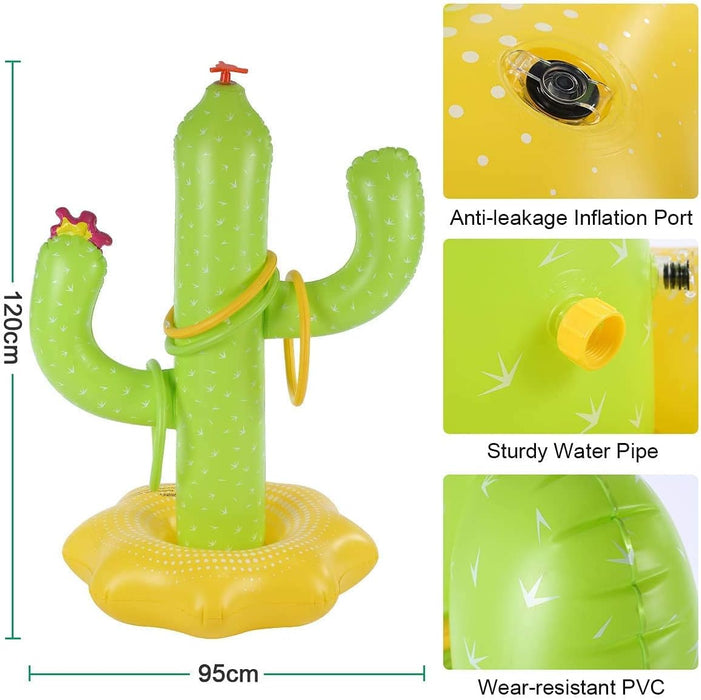 Stopitoare gonflabila in forma de cactus pentru copii, 120cm inaltime, cu inele din plastic, verde cu galben