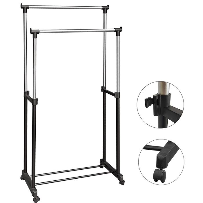 Suport dublu pentru umerase si haine tip stander, cu roti si inaltime reglabila 94-160cm